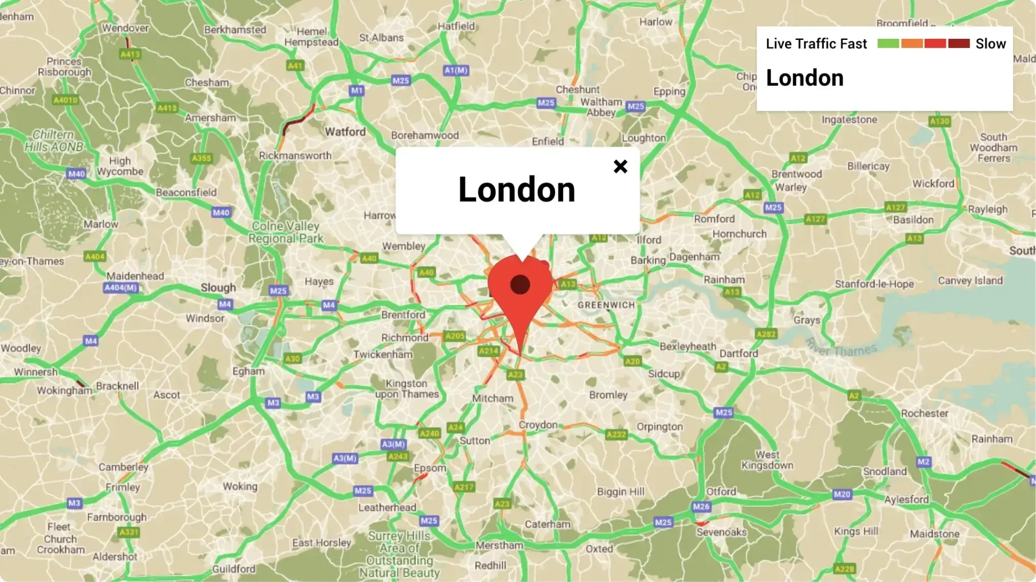 digital signage Google Traffic app layout preview showing London map in Retro theme