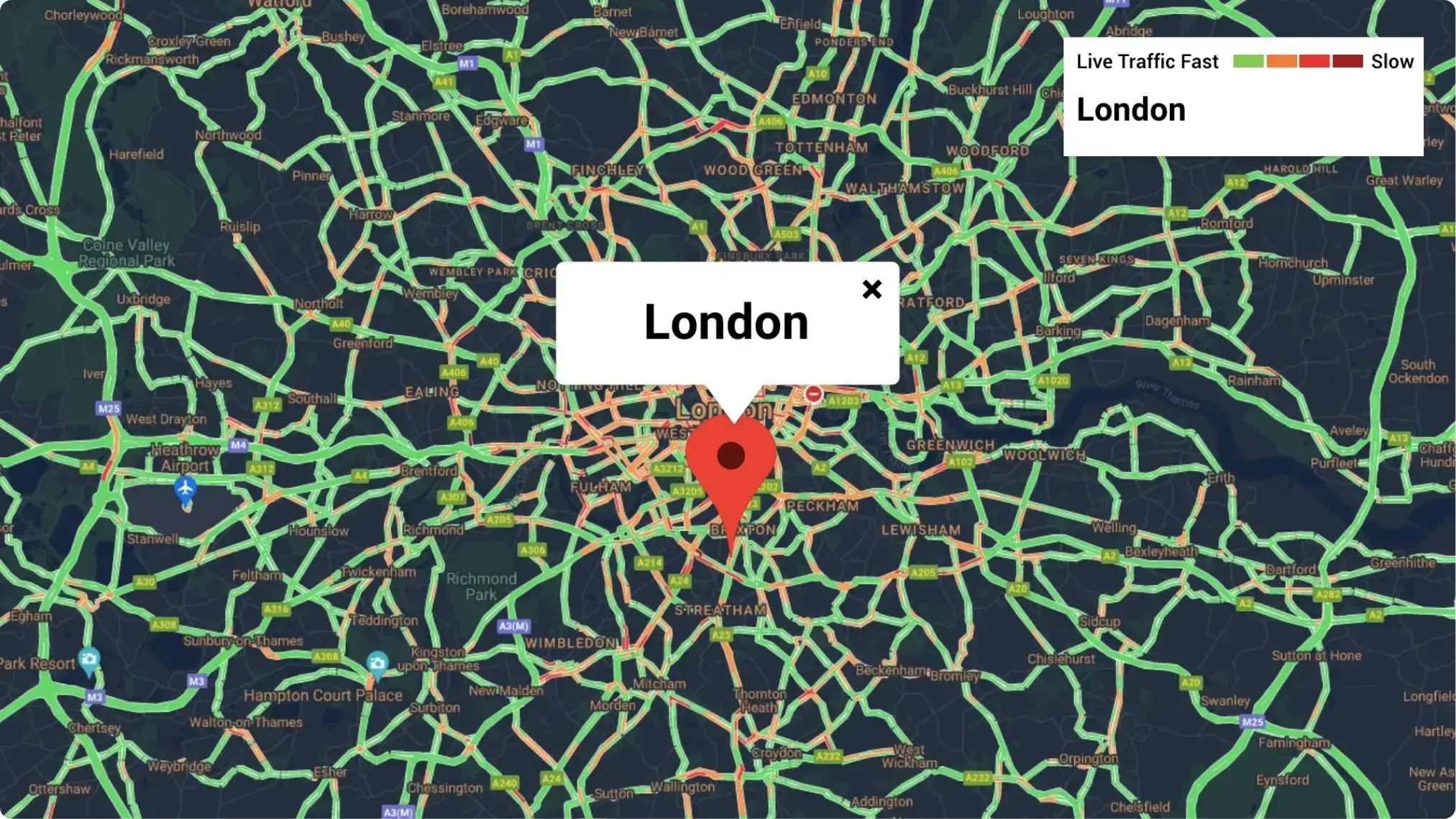 digital signage Google Traffic app layout preview showing London map in Night theme