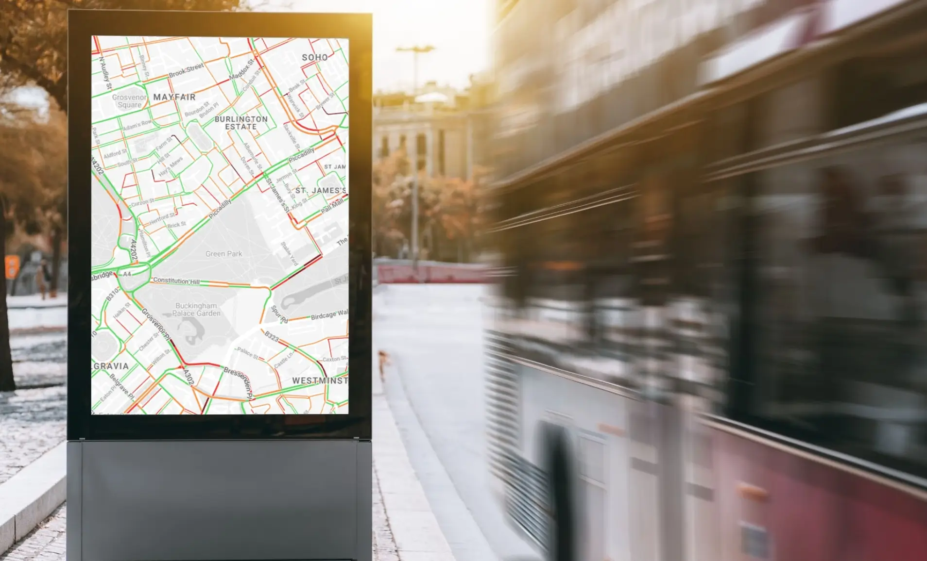 A bus stand digital signage displaying live traffic data from Google Traffic app