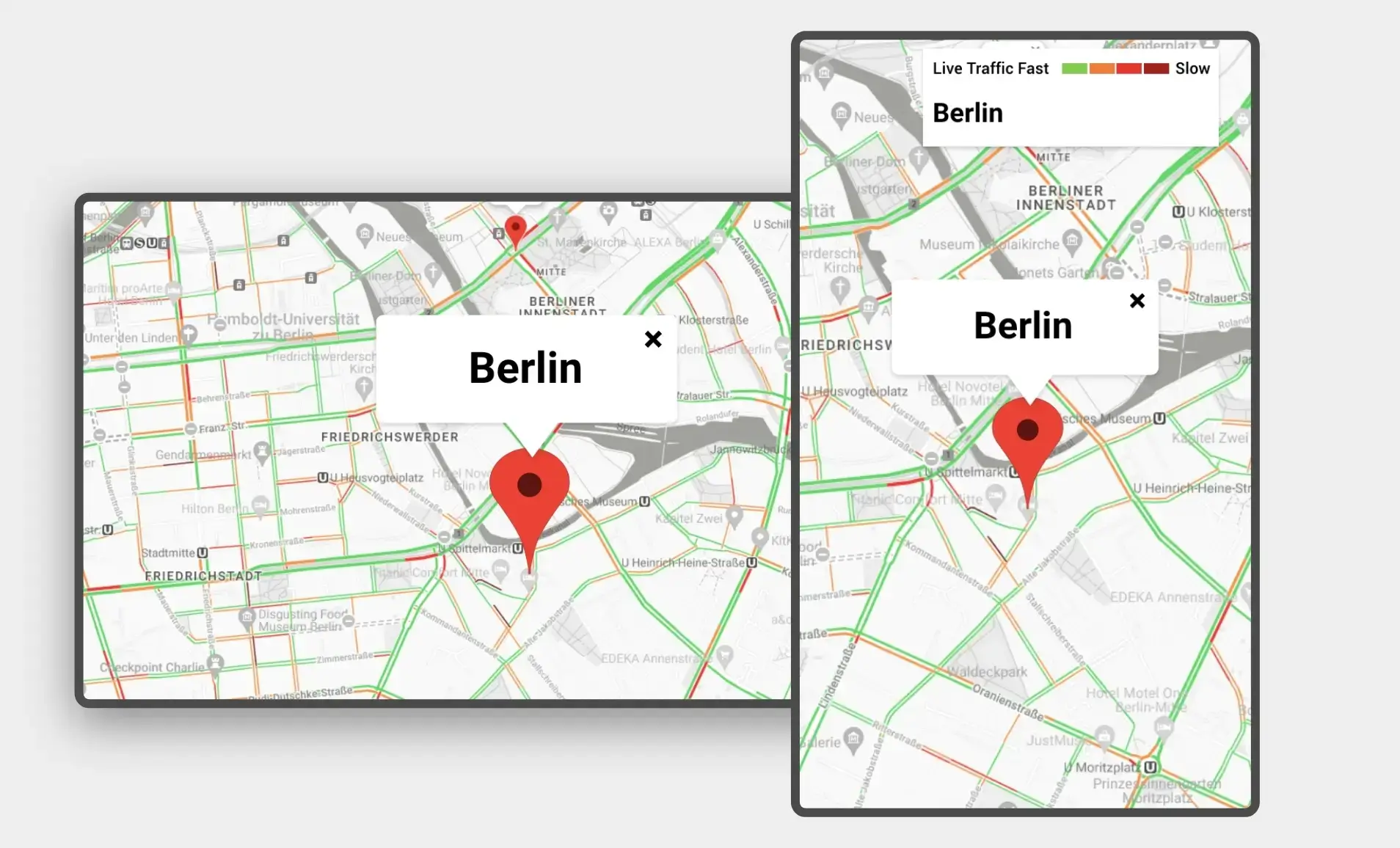 Google Traffic app feed preview in digital screens with landscape and portrait layouts