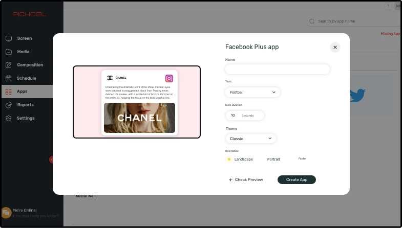 step 1 digital signage software interface showing Instagram Plus App configuration window with multiple options