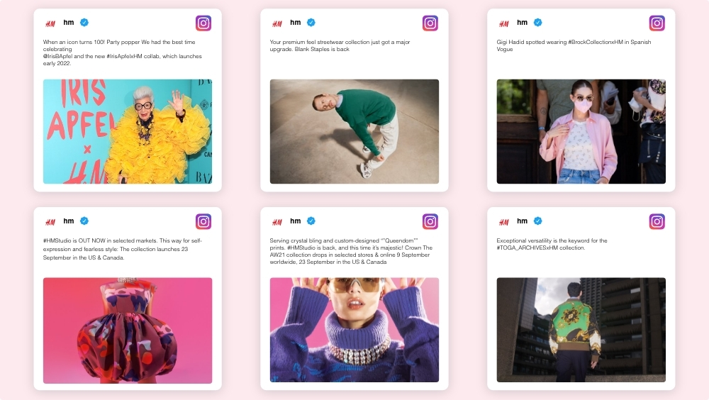 digital signage Instagram Plus app preview showing six posts with image in collage of 2 rows and 3 columns layout.