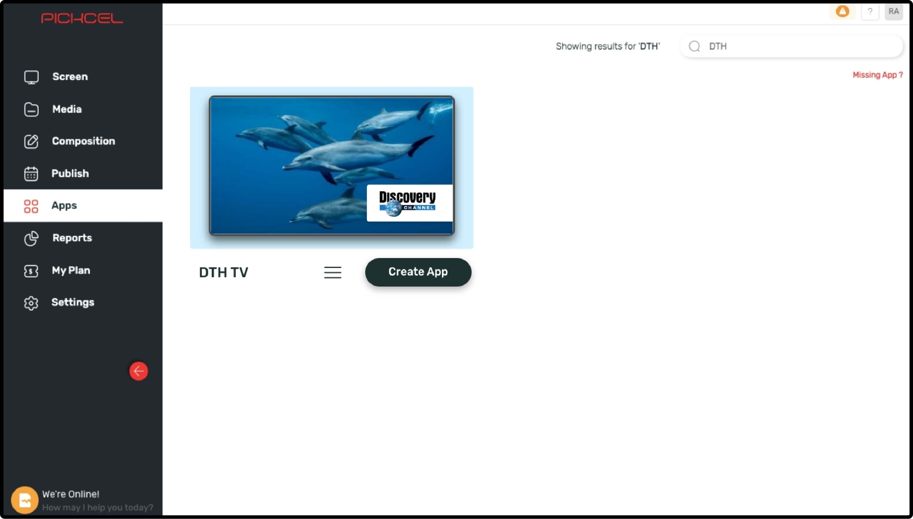step 4 digital signage software interface showing dth tv app to configure