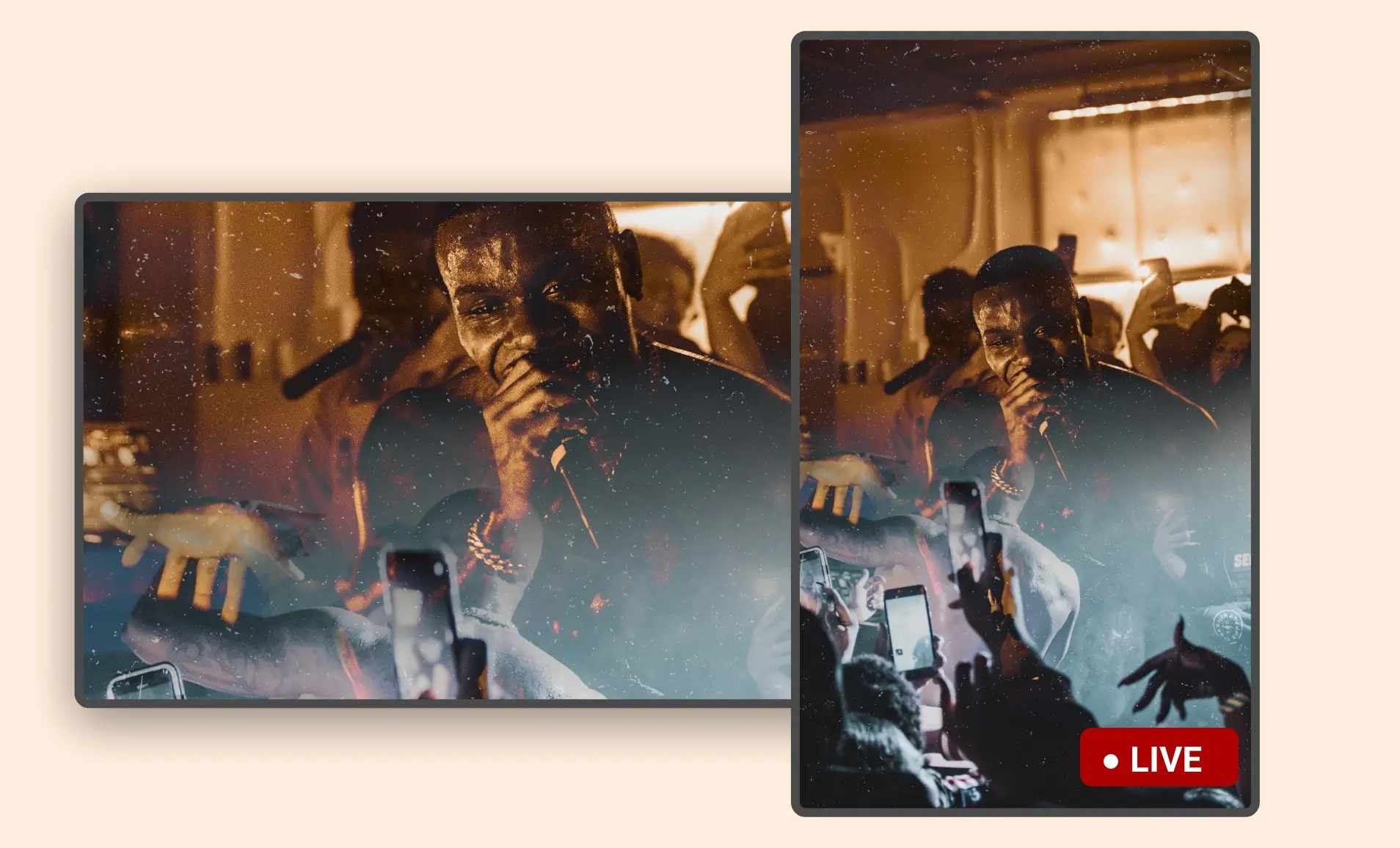 Streaming app feed preview in digital screens with landscape and portrait layouts
