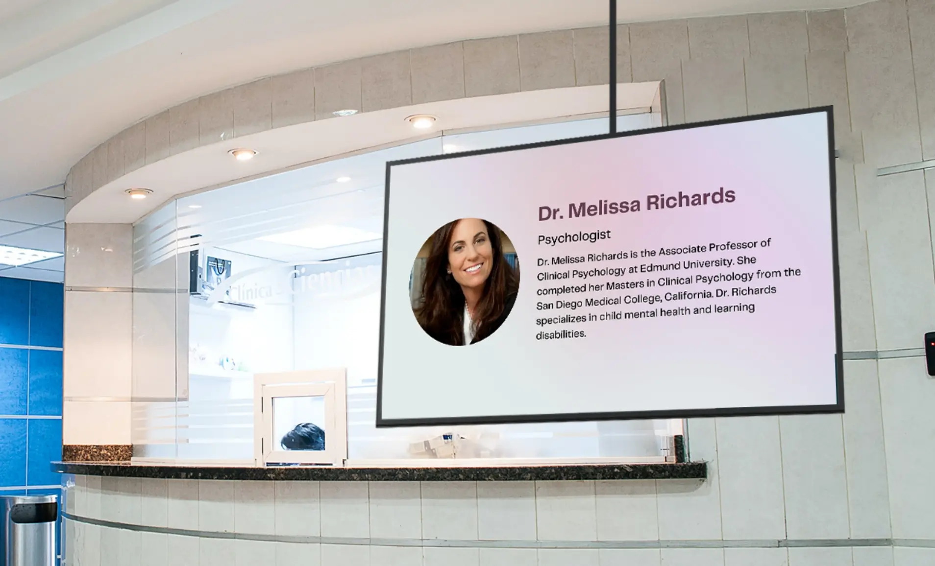 digital signage at a hospital lobby displaying team profiles from Meet Your Team app