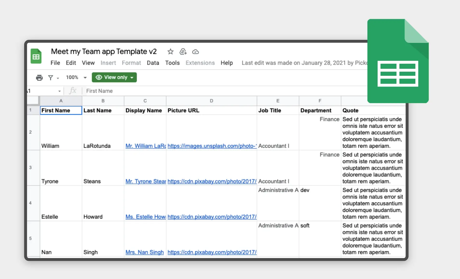 Digital signage displaying employee detail spreadsheet template from Meet Your Team app