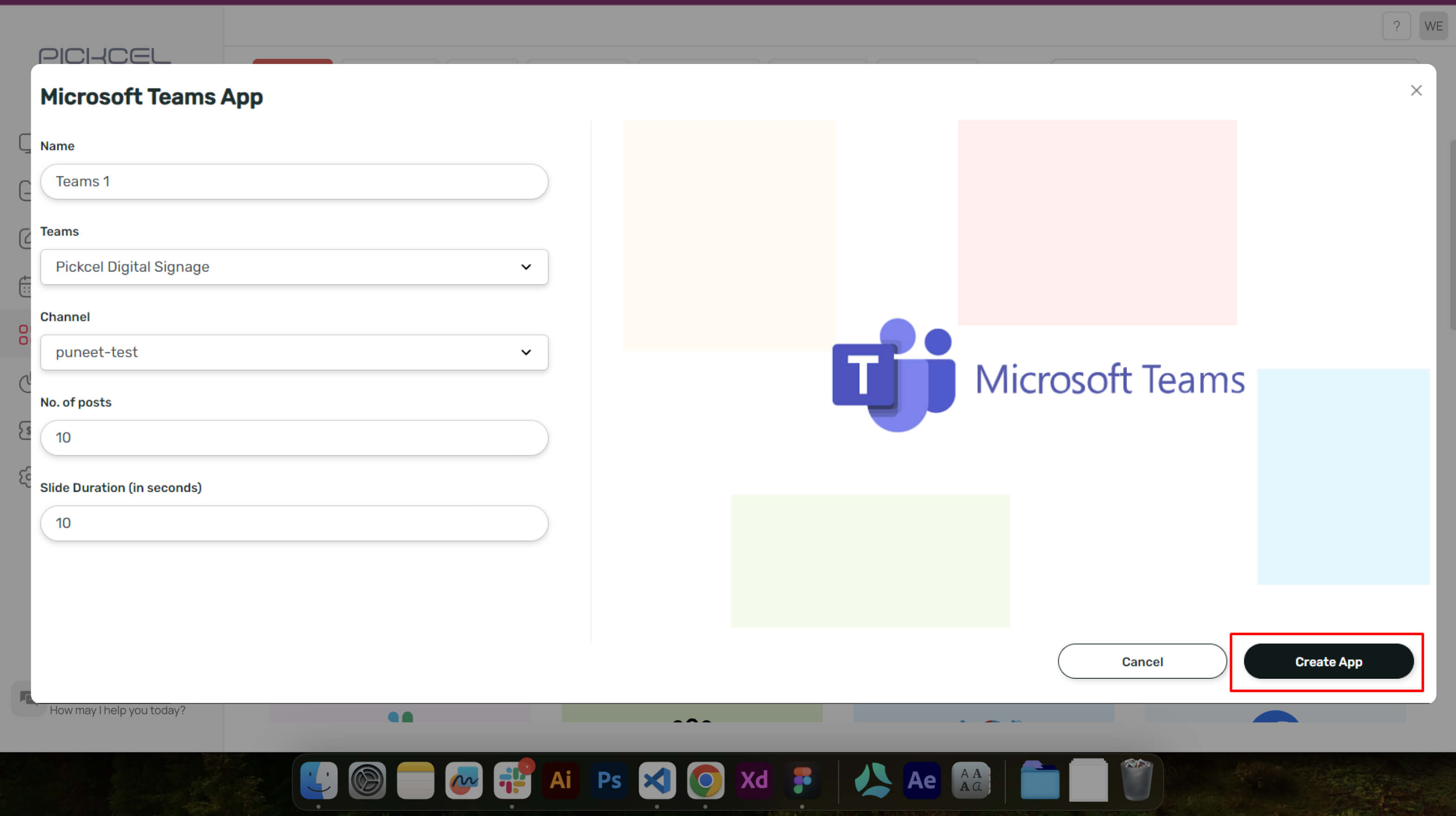 step 1 digital signage software interface showing microsoft App configuration window with multiple options