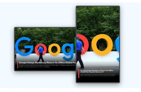 Digital signage NDTV news app layout preview showing app data fit into any layout and adjusts to screen size and orientation.