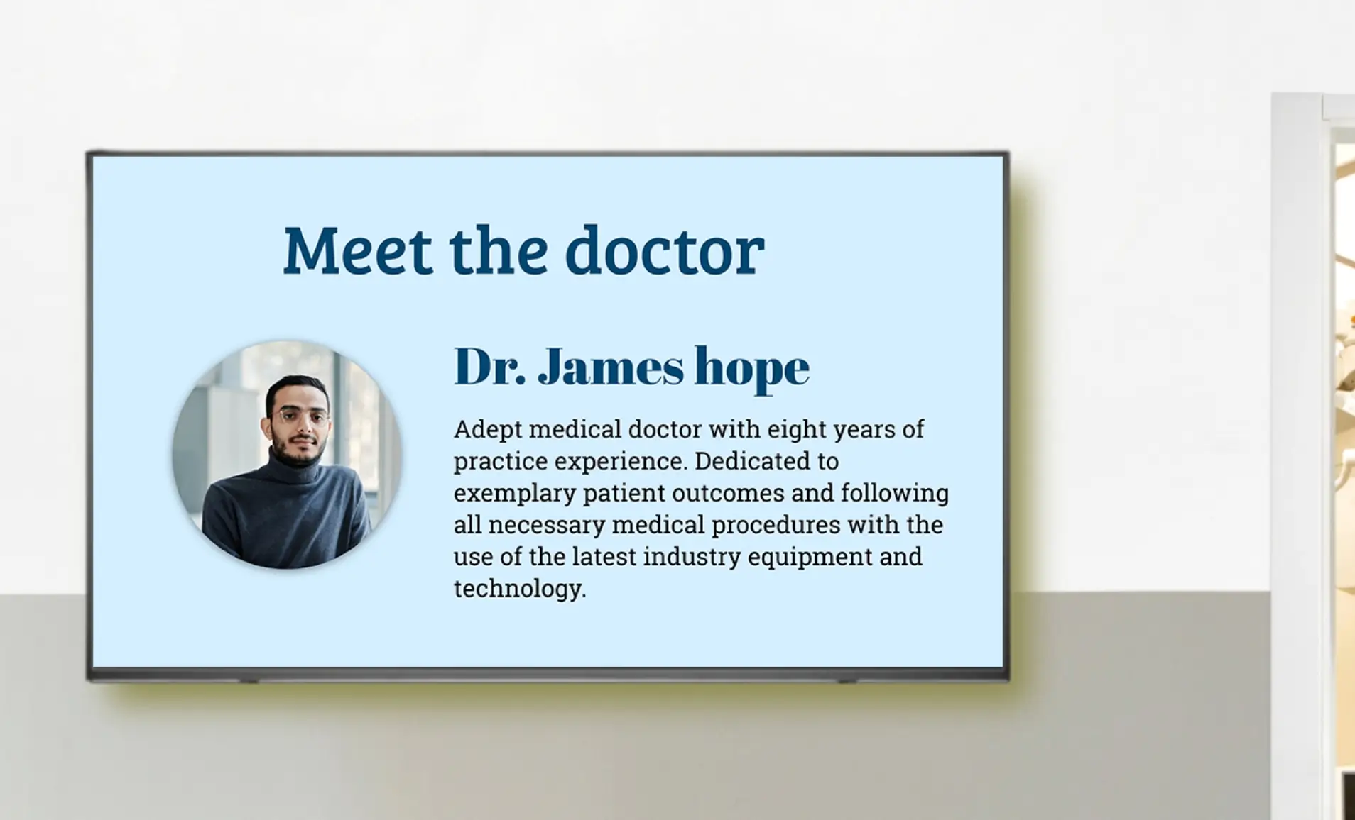People Space App showing Doctor's information on the digital signage screen at a clinic