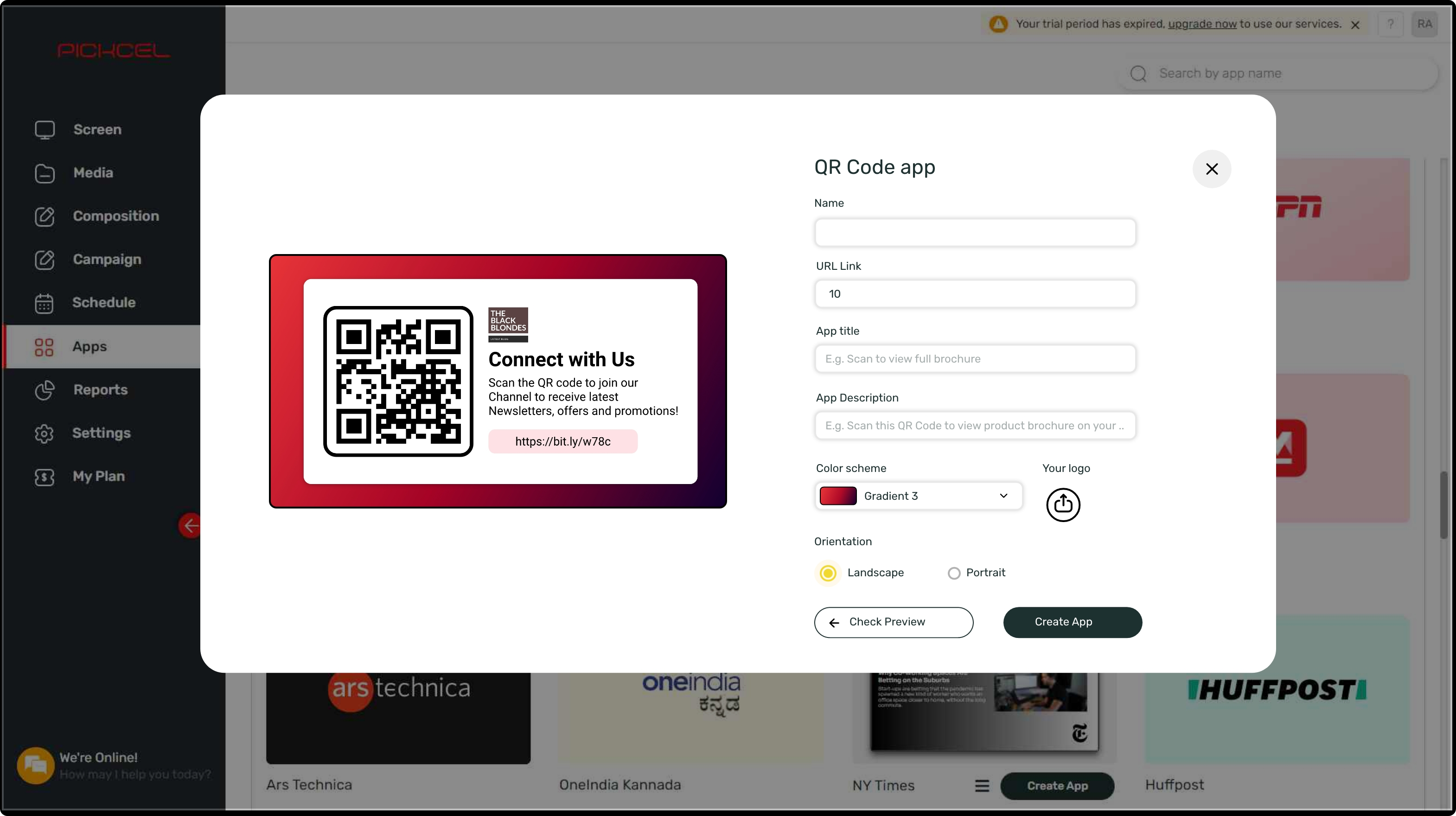 step 1 digital signage software interface showing QR code App configuration window with multiple options