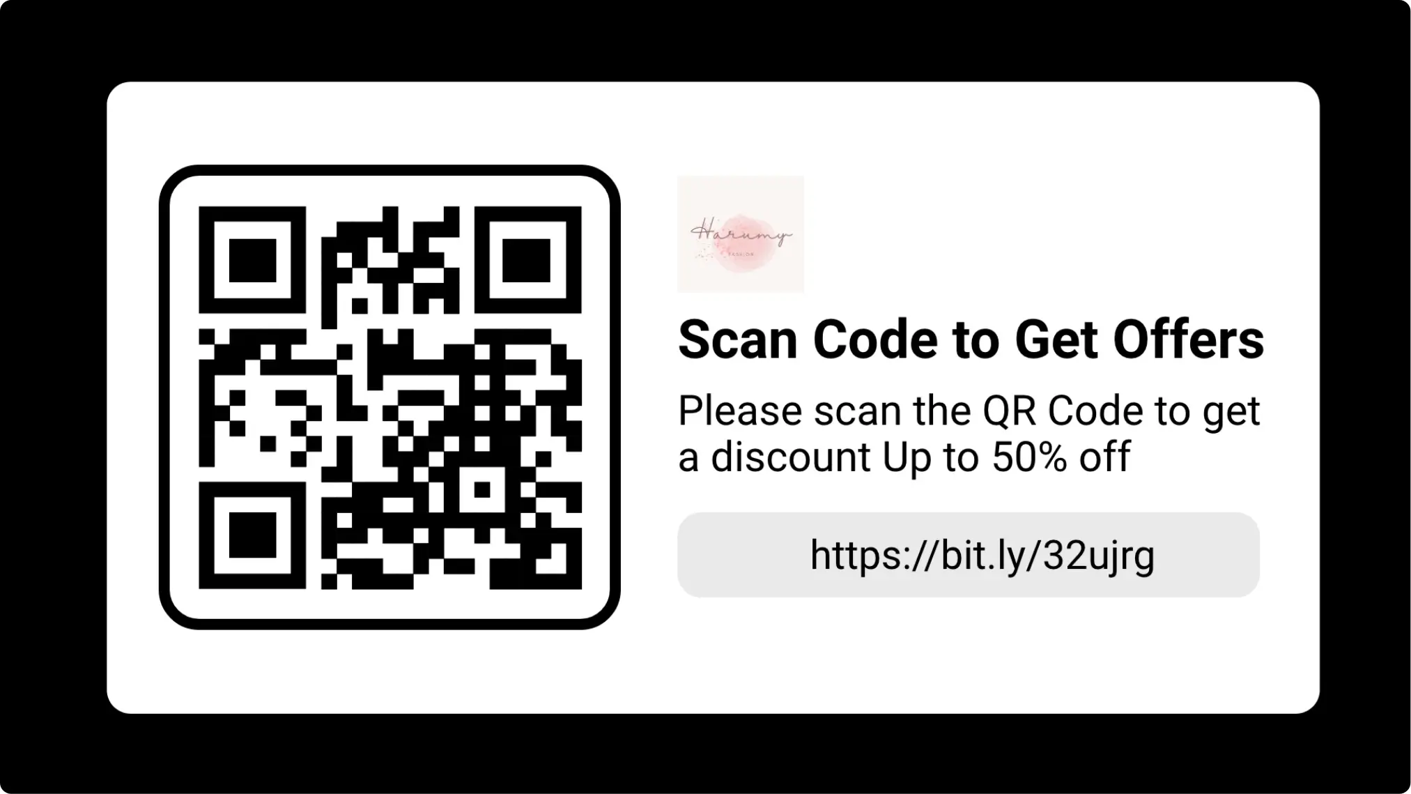 QR Code app feed preview with QR on left and Title, Description and Destination URL on left alon with black background.