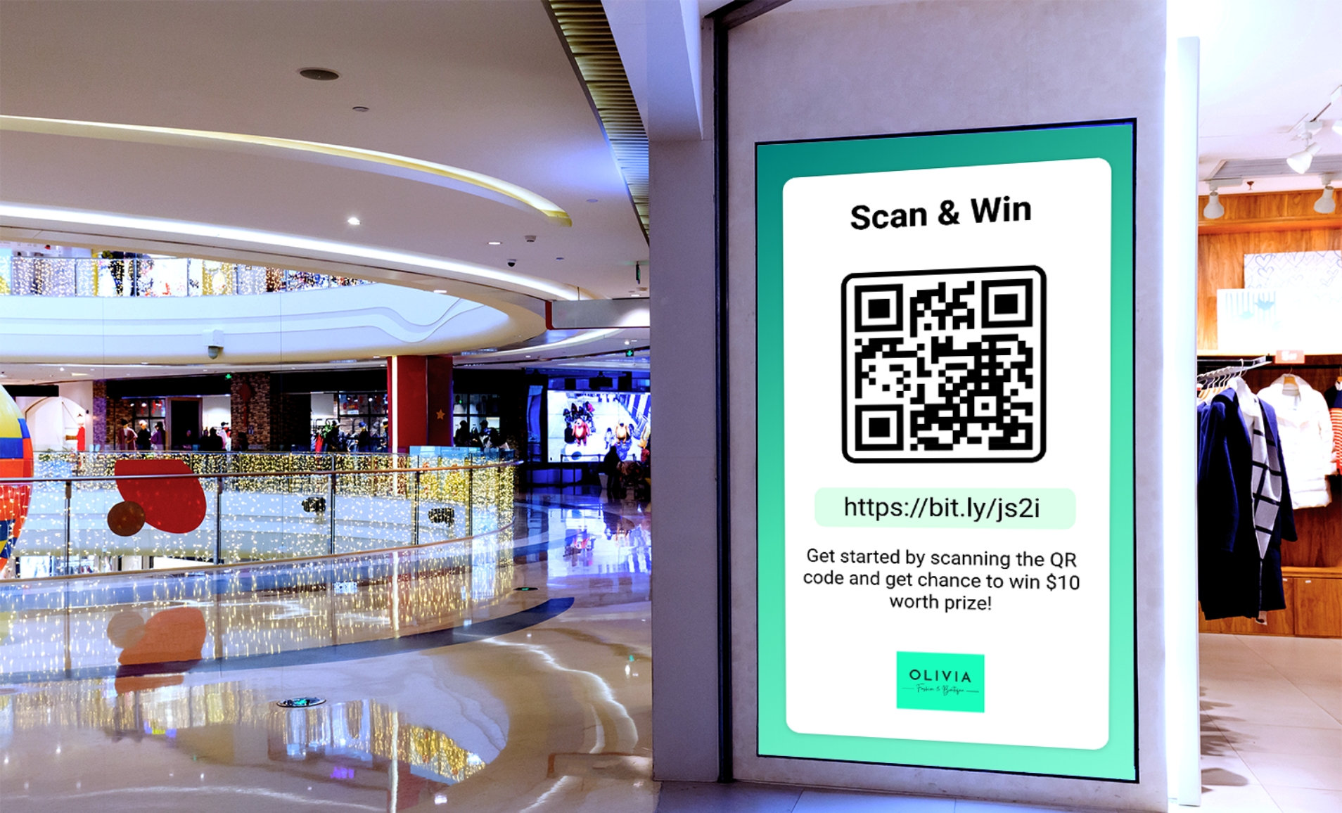 Digital signage screen placed outside retail outlet showing QR code using Pickcel software to get offers from store