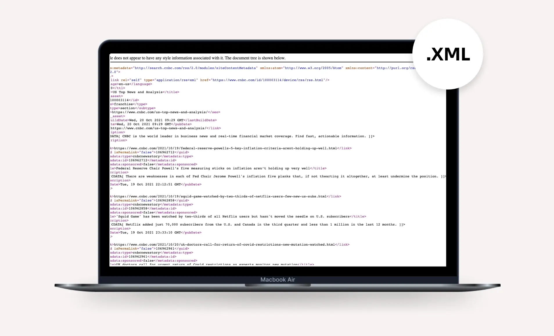 A laptop screen showing the .XML file of an RSS feed URL