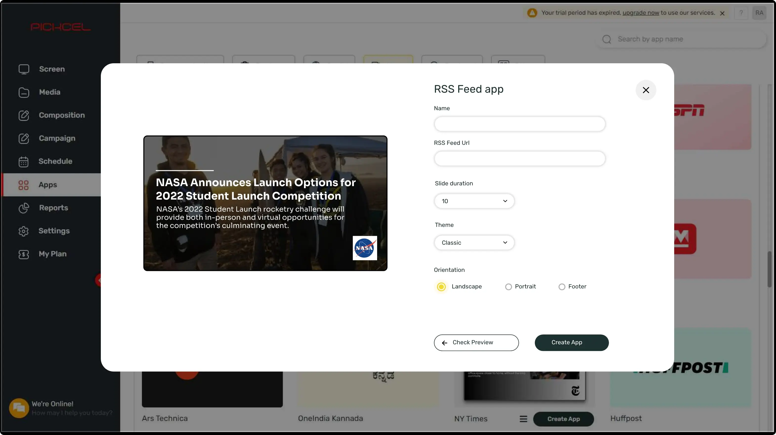 step 1 digital signage software interface showing RSS feed App configuration window with multiple options