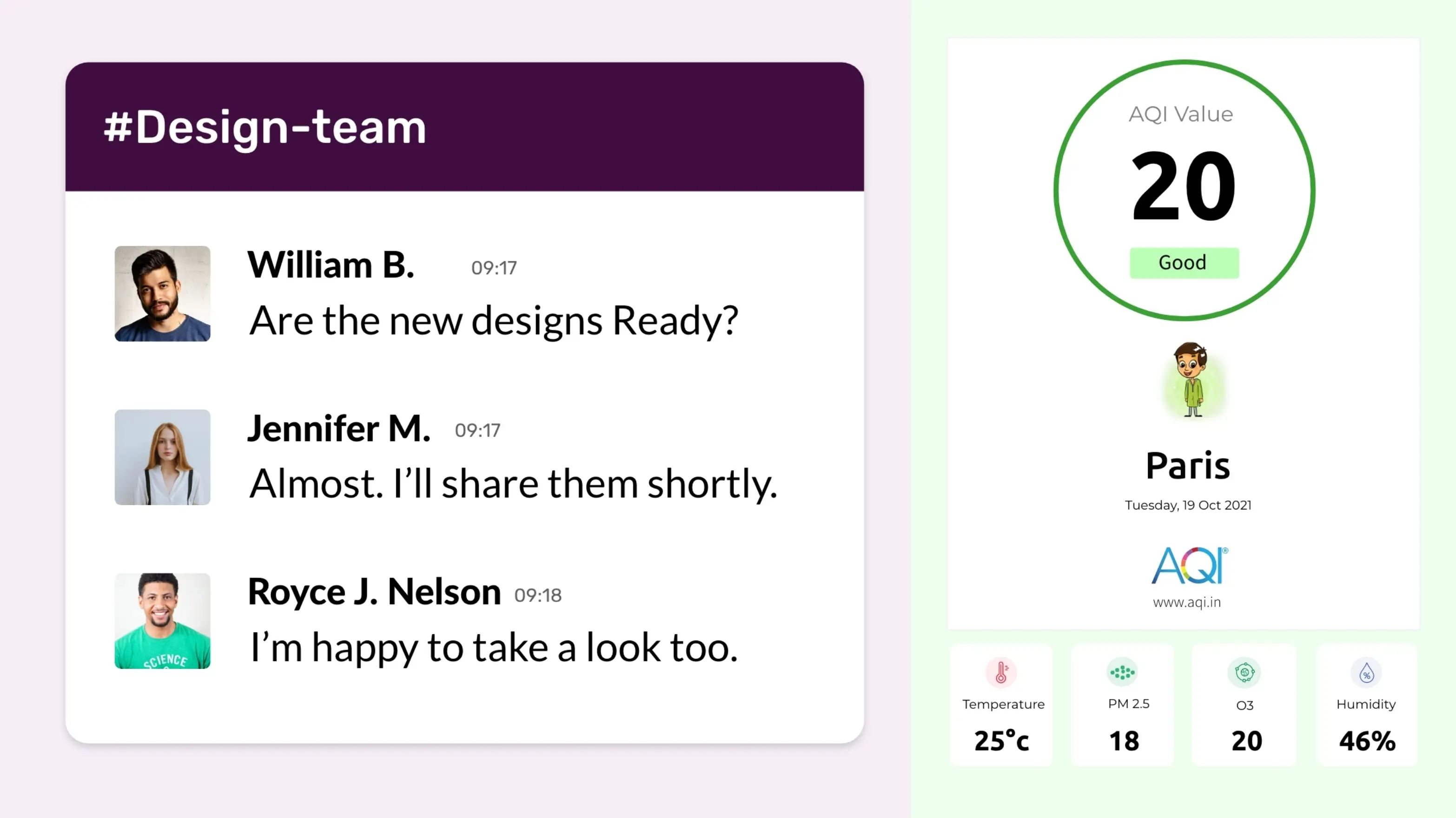 digital signage software interface showing composition layout with Slack app and AQI app contents