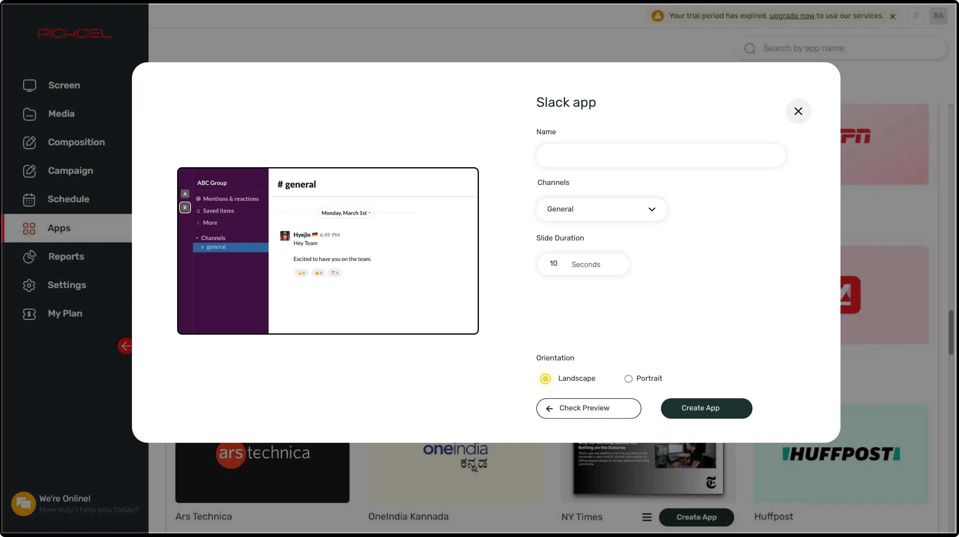 step 1 digital signage software interface showing Slack App configuration window with multiple options