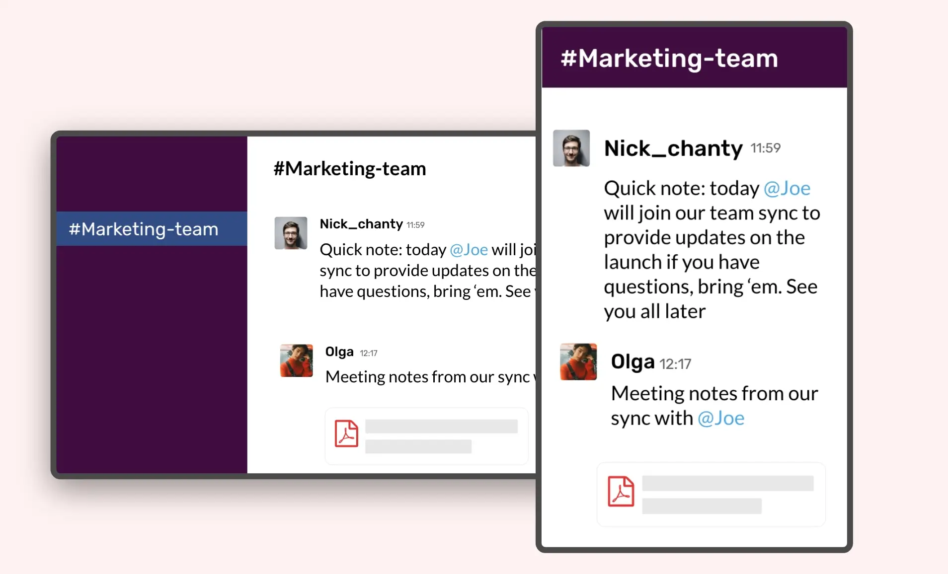 Slack app feed preview in digital screens with landscape and portrait layouts