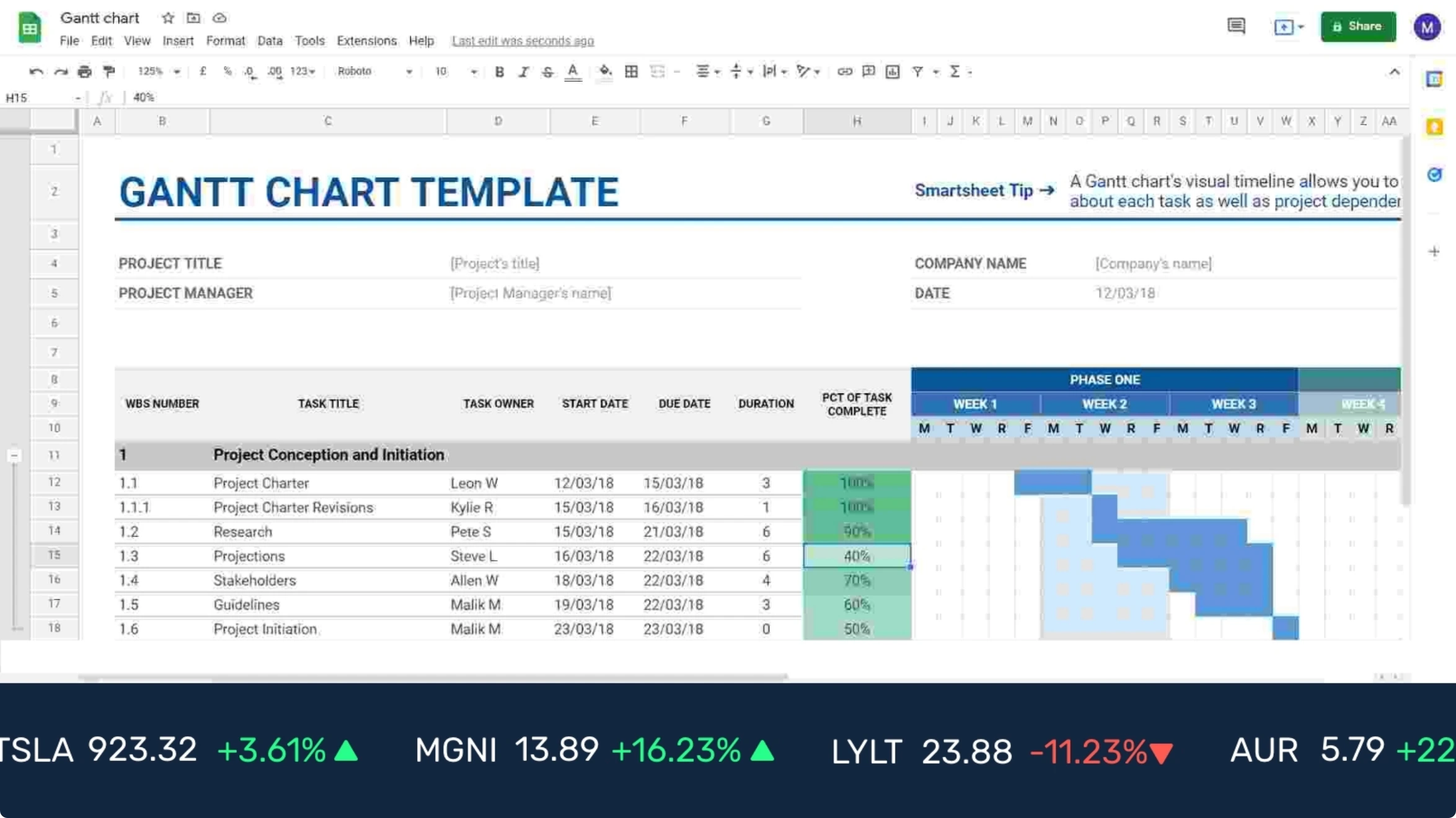 digital signage software interface showing composition layout with Google Sheets app and Stocks app contents