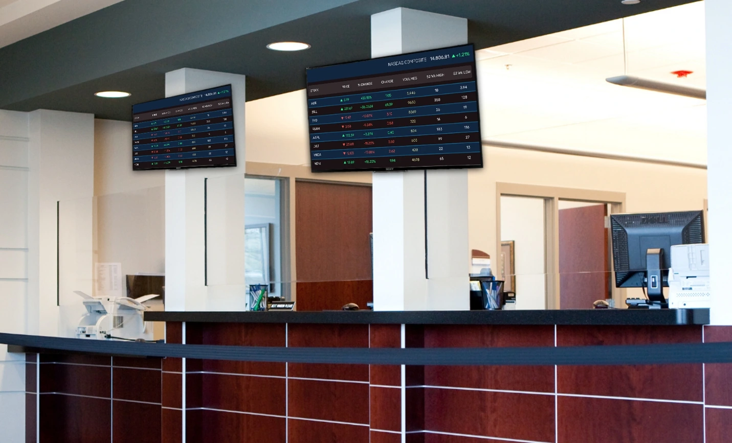 Digital signage screens in a bank showing Stocks feed using Pickcel digital signage software