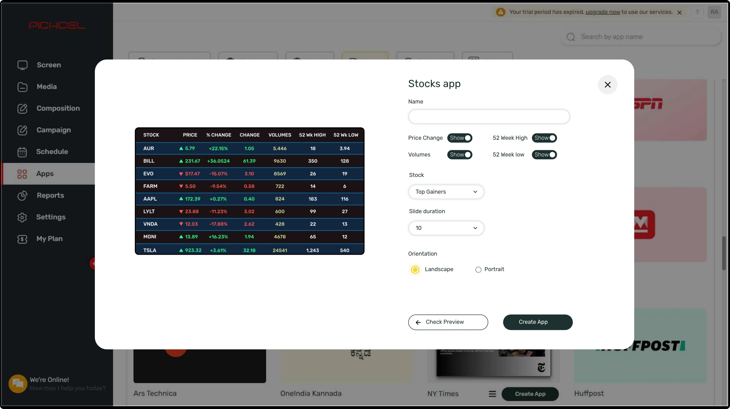 step 1 digital signage software interface showing Stocks App configuration window with multiple options