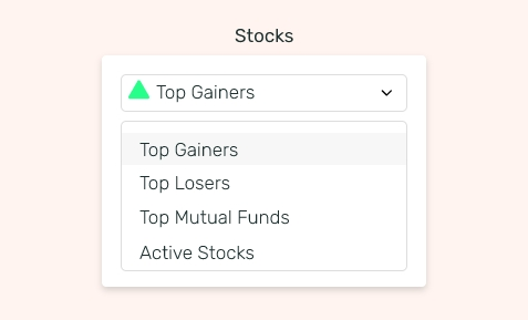 Stocks app interface showing options like Top Ganiers, Top Loosers, etc to display on digital signage screen