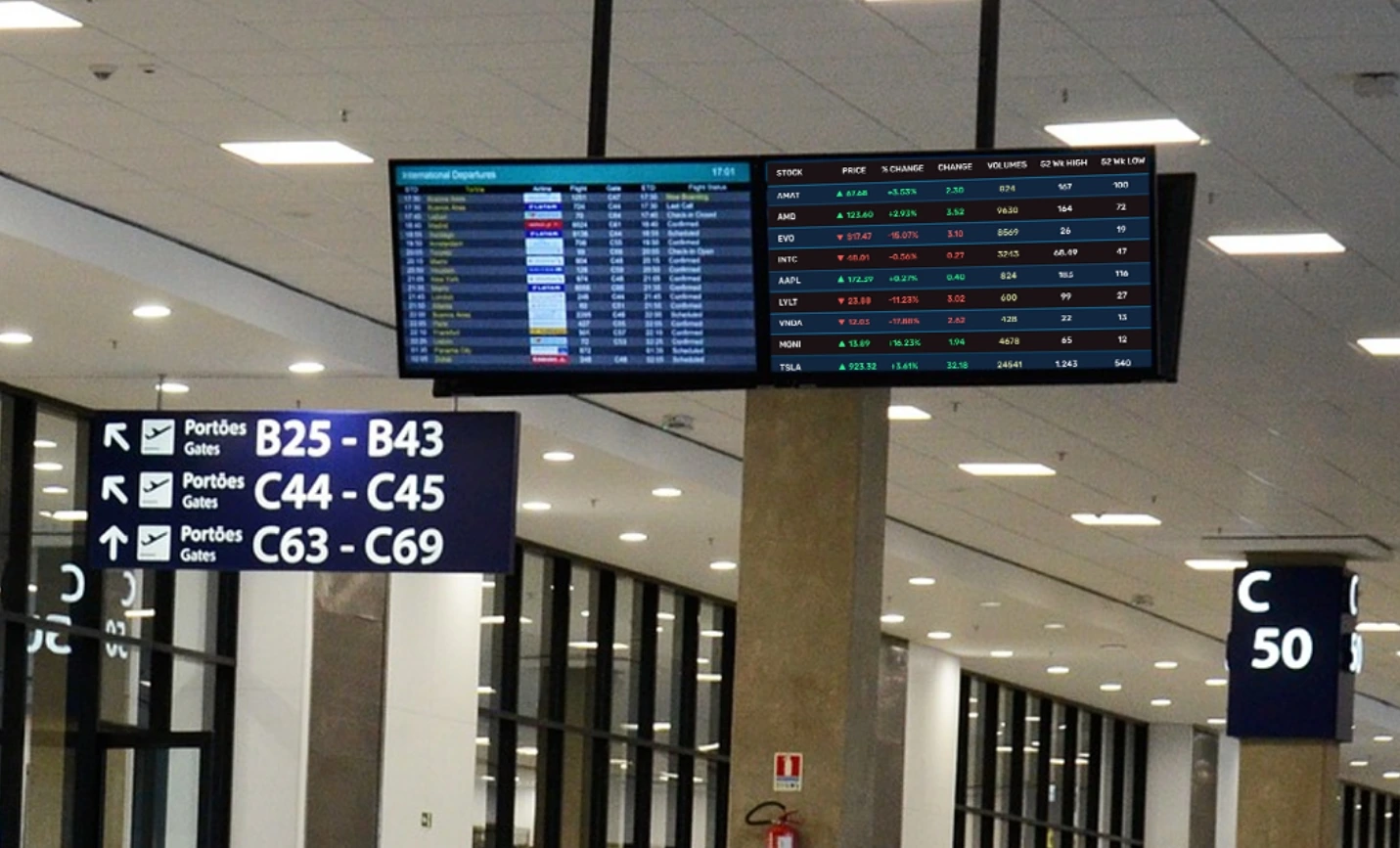 Digital signage screens in an Airport showing Stocks feed using Pickcel digital signage software