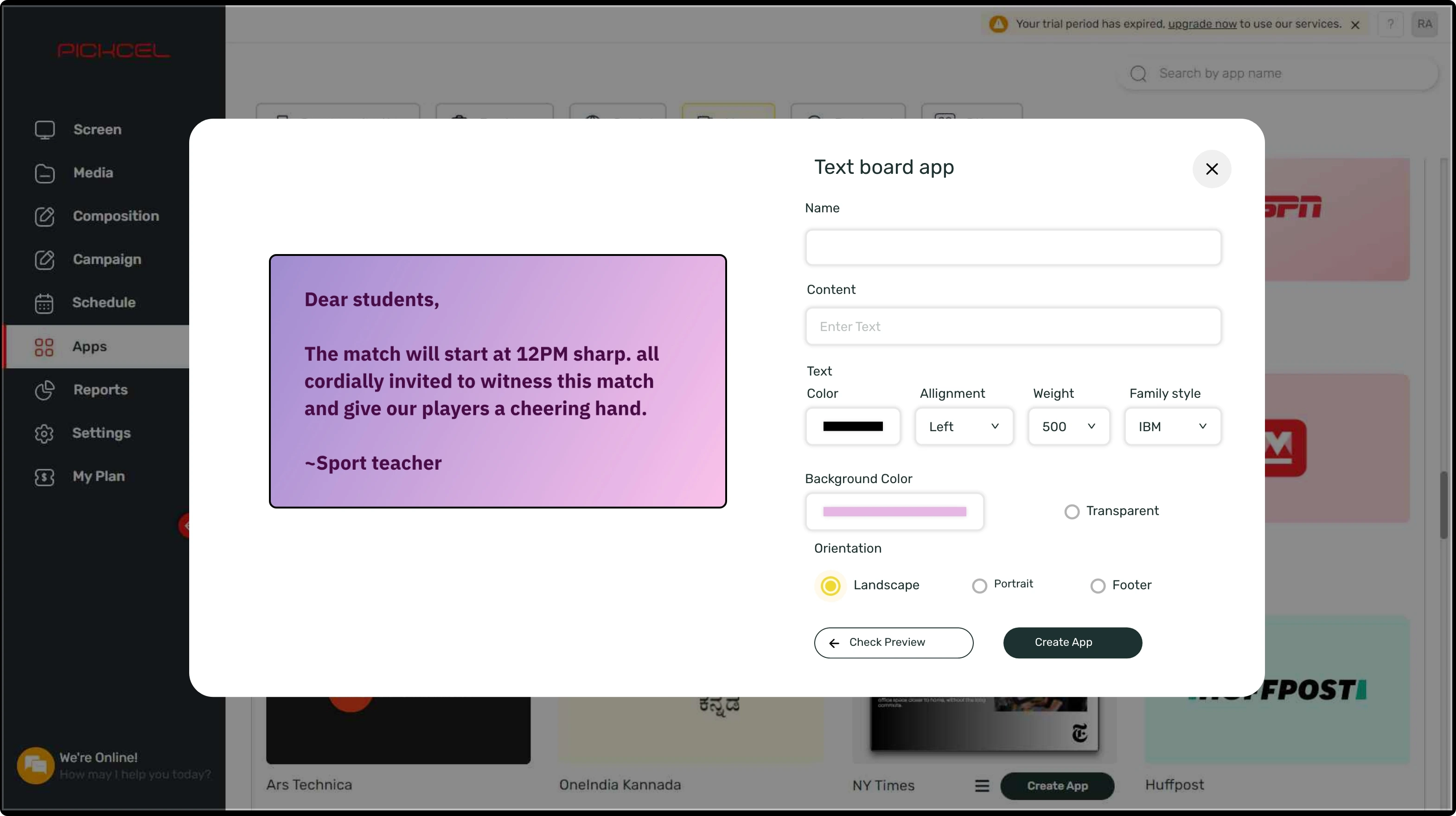 step 1 digital signage software interface showing Twitter Plus App configuration window with multiple options