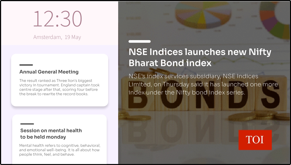 step 3 digital signage software interface showing compositon window with TOI News app, Text app and digital clock app feeds