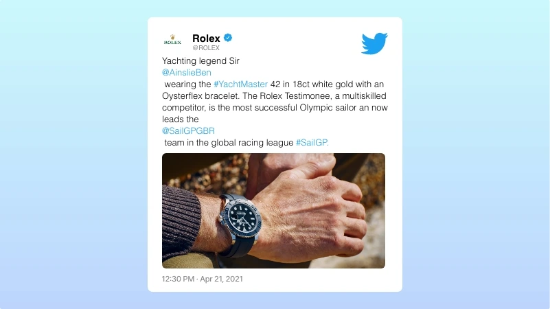 digital signage screen showing Rolex brand Twiiter page feed from Pickcel's Twitter Plus app