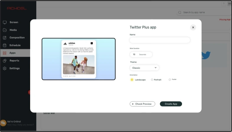 step 1 digital signage software interface showing Twitter Plus App configuration window with multiple options