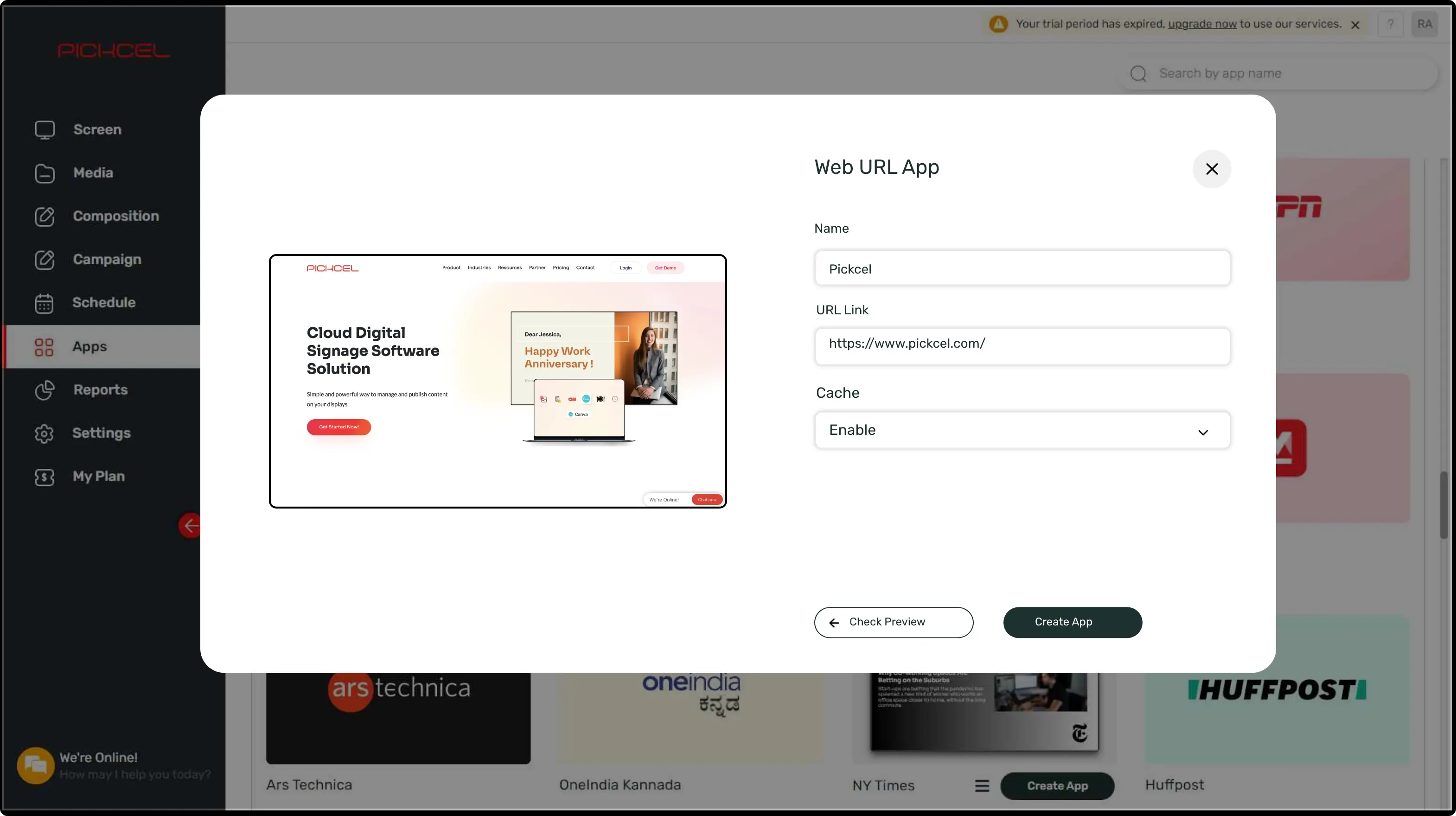 step 1 digital signage software interface showing Web URL App configuration window with multiple options