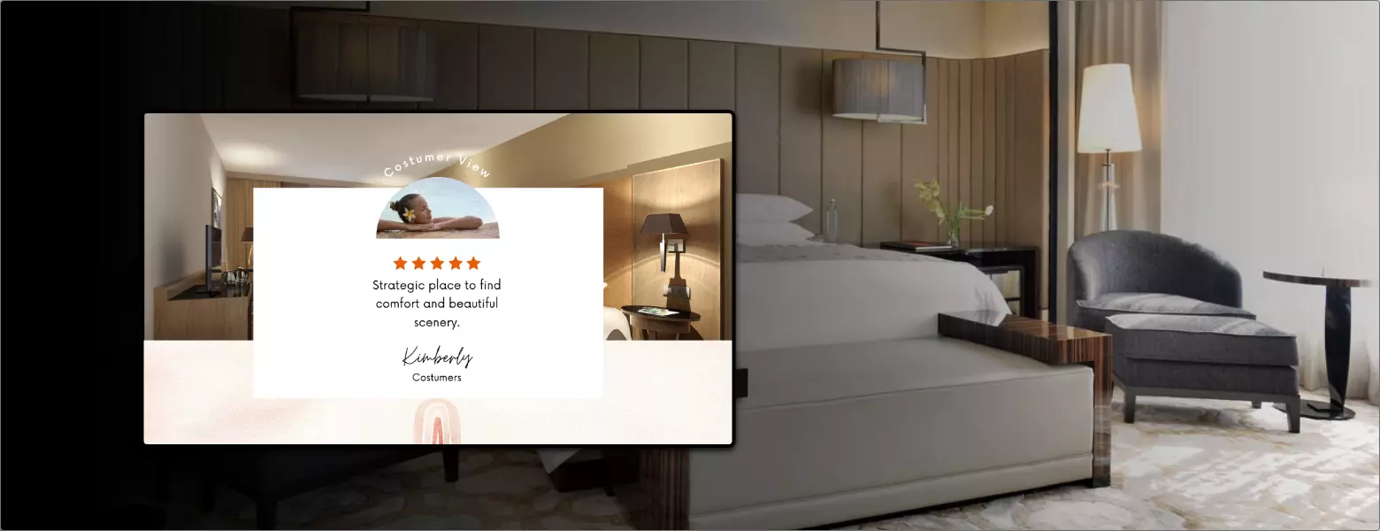 JW Marriott hotel equipped with digital signage screen displaying customer reviews and their experiences during the stay