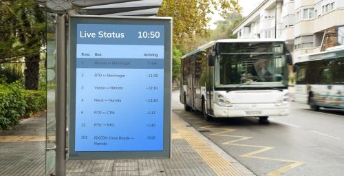 Bus Stand equipped with NEC digital signage showing bus schedule with live feeds which is managed using Pickcel custom digital signage software.