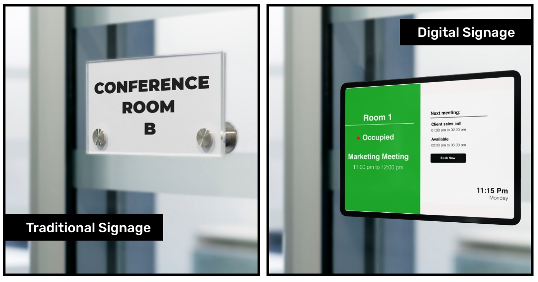 Meeting room entrance signage comparison. First one is equipped with traditional signage and the other with digital signage