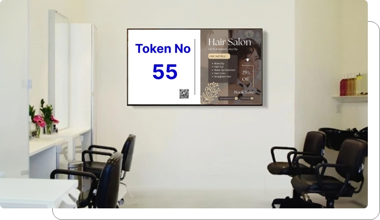 An office digital signage screen showing financing info