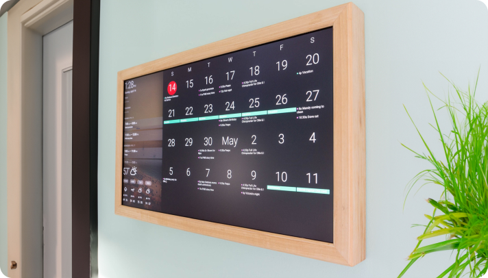 An office digital screen wth a welcome onboard message