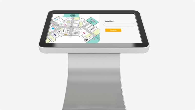Touchscreen interactive digital kiosk displaying wayfinding content