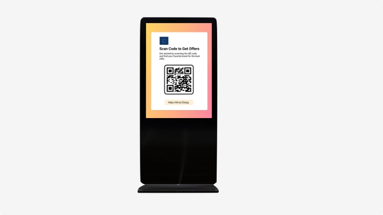 Touchless type interactive digital kiosk displaying QR code based content