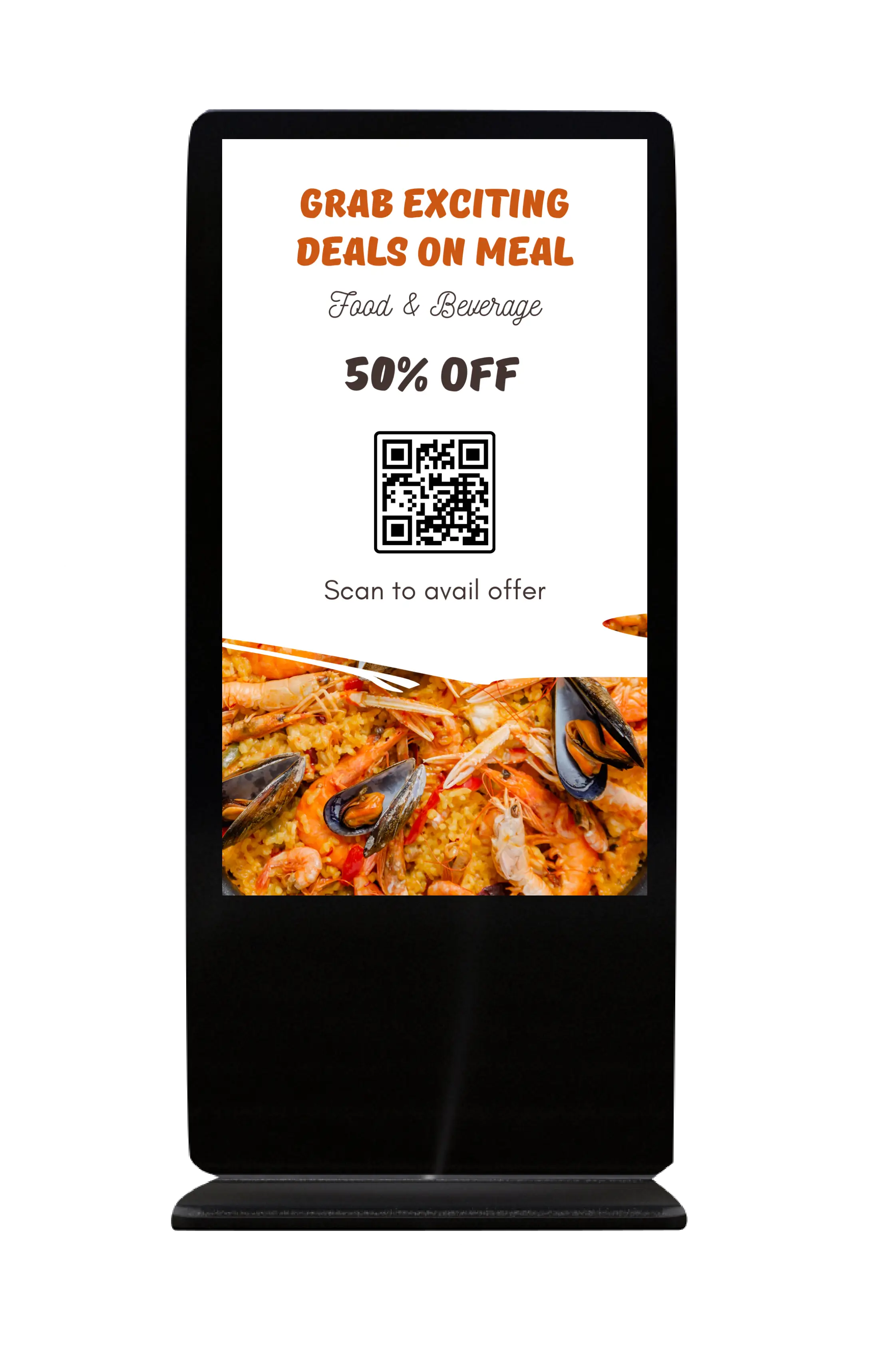 A Interactive digital standee powered by Pickcel Digital Signage software displaying meal offer content