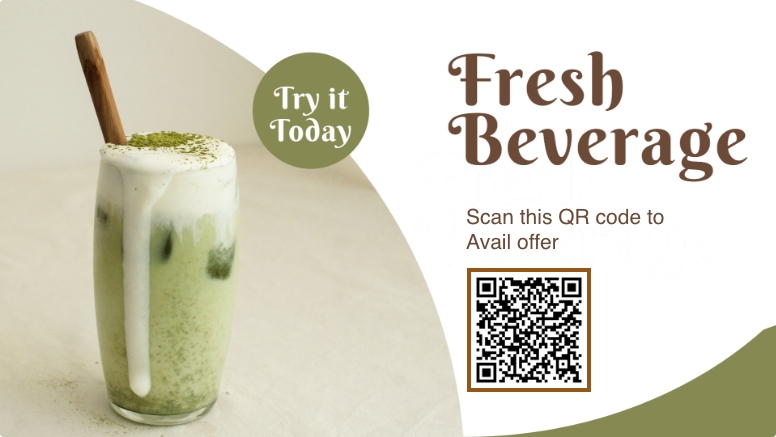 Kiosk Digital signage content preview with a beverage promotional message and a QR code.