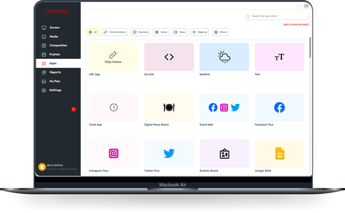 Laptop showing Pickcel digital signage software Apps window to select and display content on kiosk