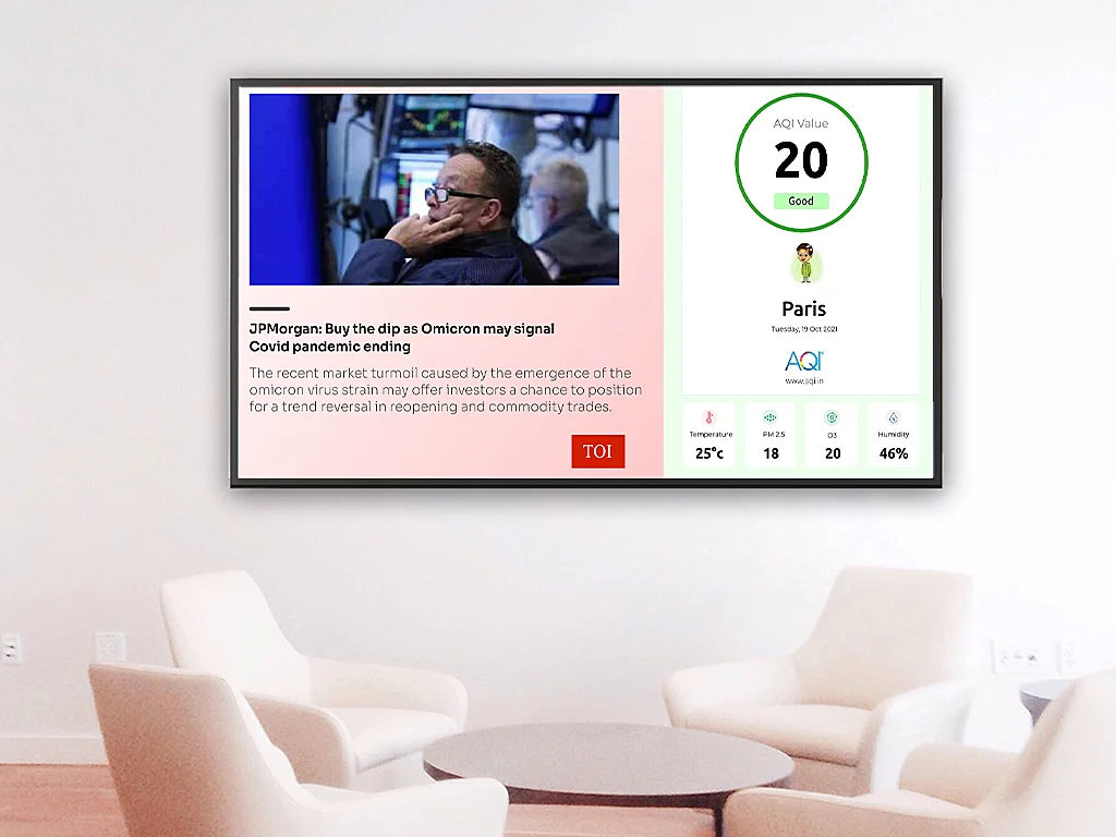 Digital signage screen inside a corporate waiting room shows a composition with live news updates & AQI data from the Pickcel Air quality checker app