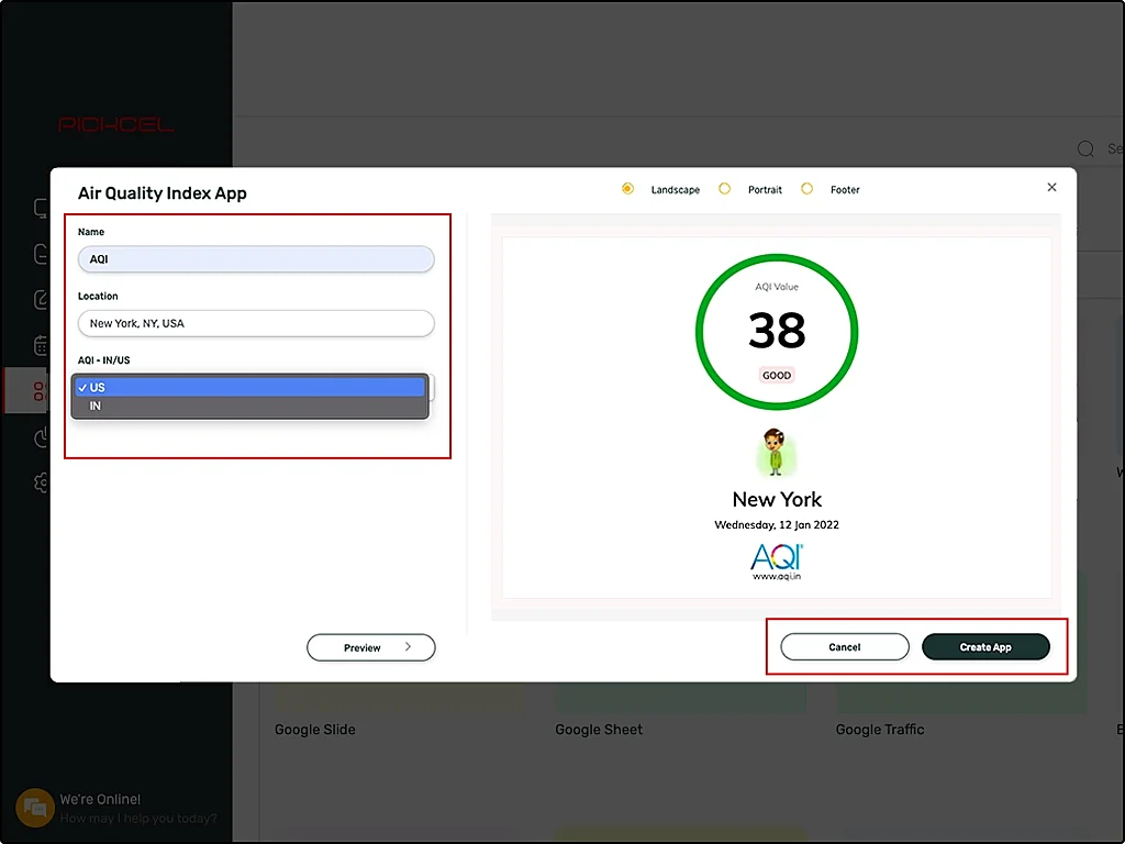 monitoring air quality index with Pickcel AQI app. Step 4: select the location, set the app name, preview & create app