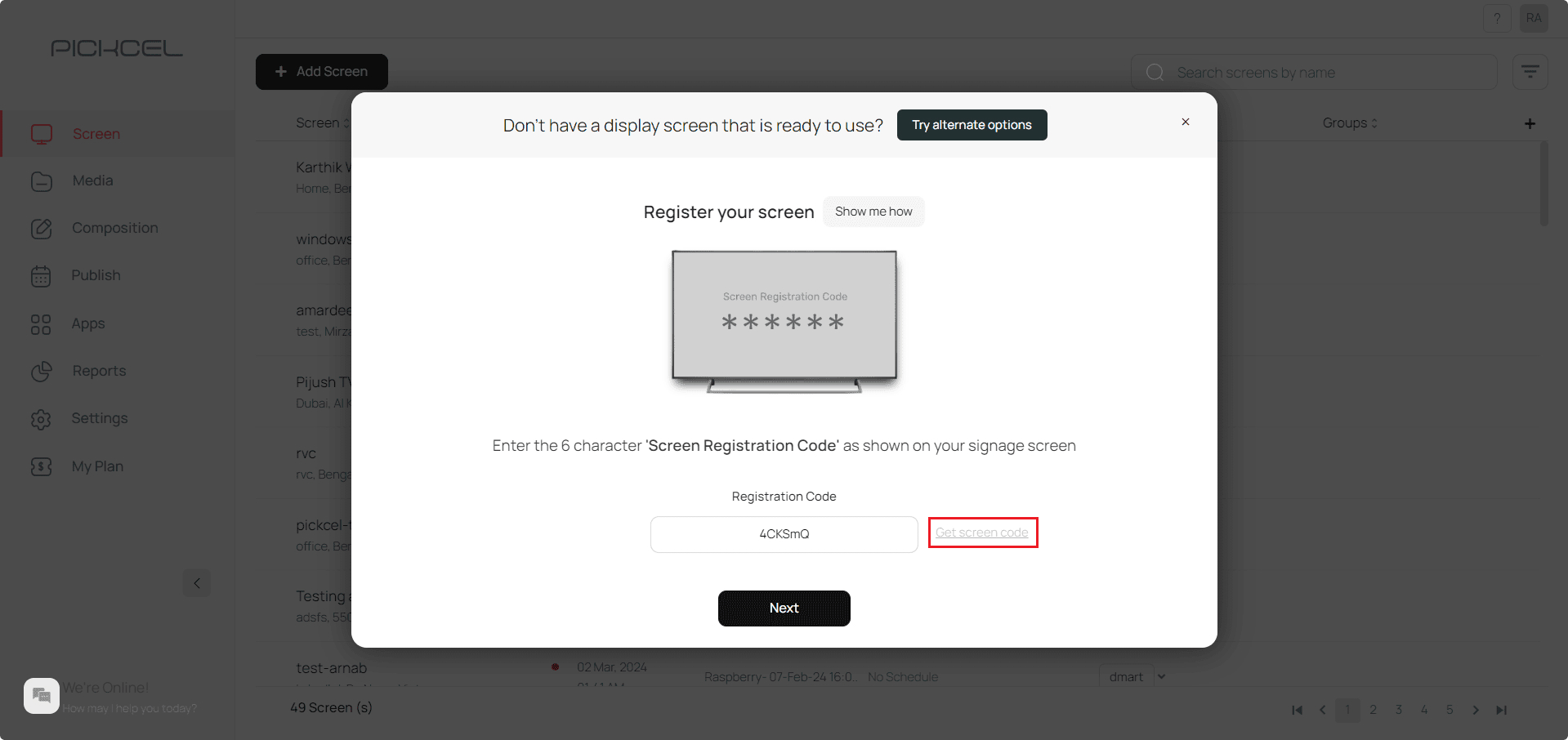 Pickcel software sign up screen
