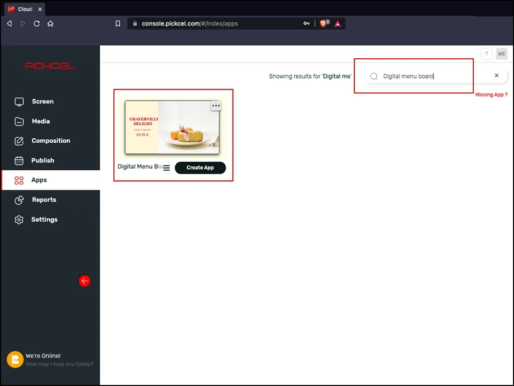 Pickcel software apps tab with the option to search an app digital menu board and create the app.