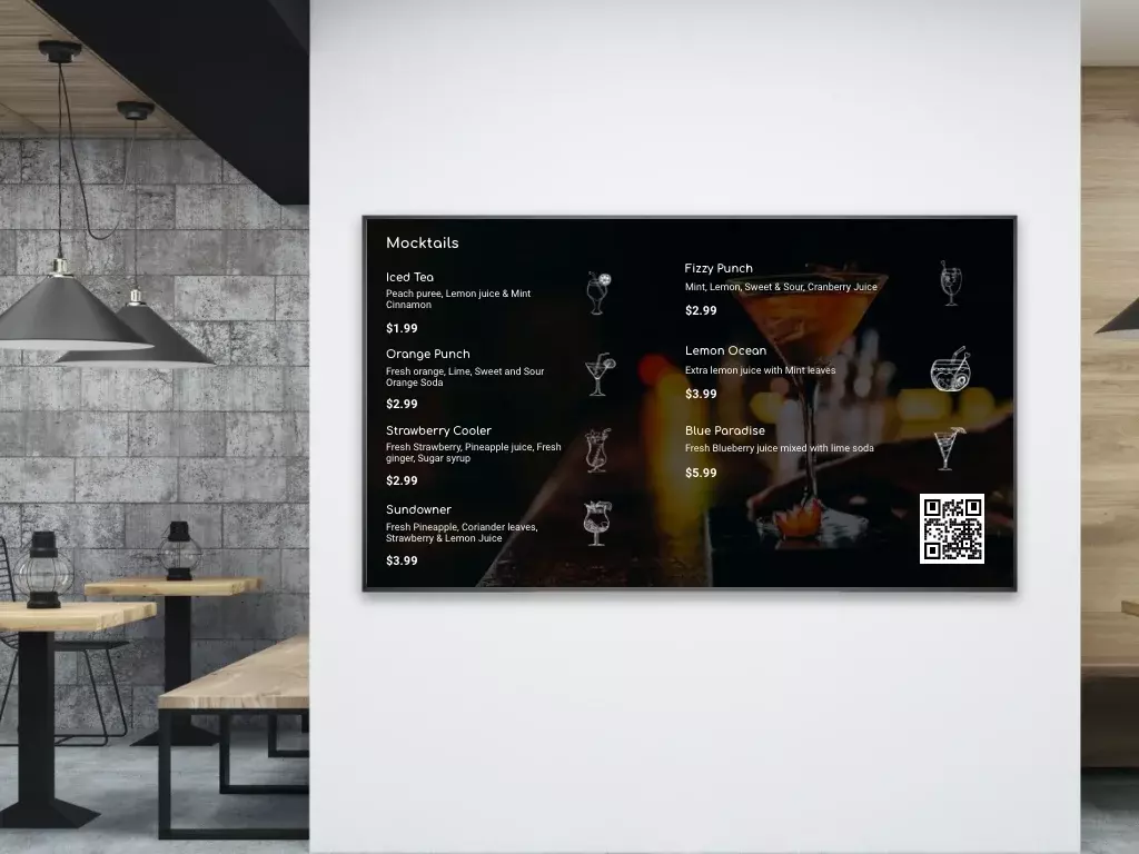 Digital Signage Screen showing menu board with QR code which is created using Pickcel's Digital menu board app.