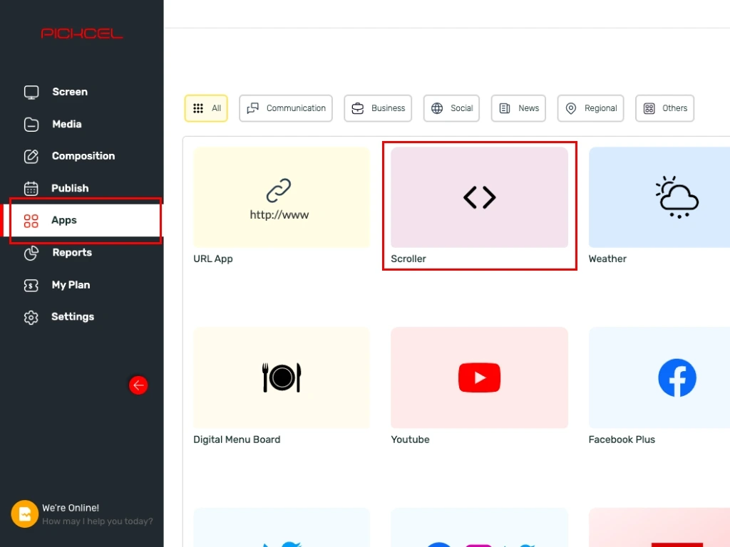 Pickcel dashboard with all the modules listed on the left side of the screen and apps cover the rest of it; Scroller app highlighted in the middle