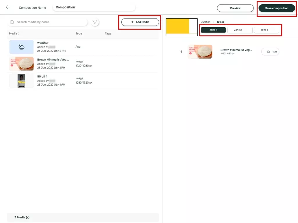 Save composition of layout after adding media to the selected zones