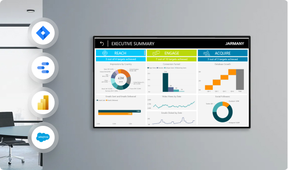 An office digital signage screen showing financing info