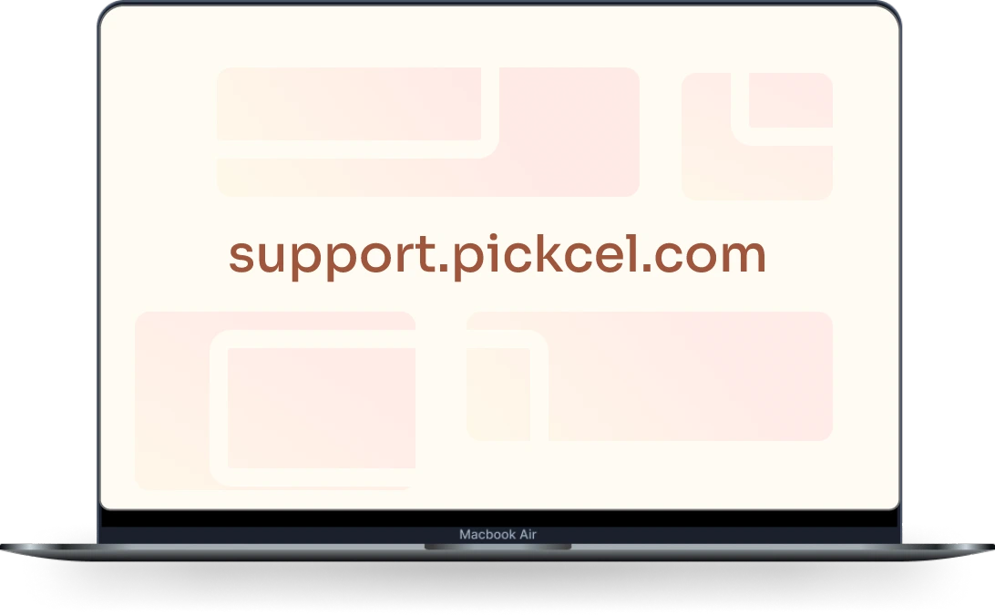 laptop screen displaying Pickcel's support url support.pickcel.com